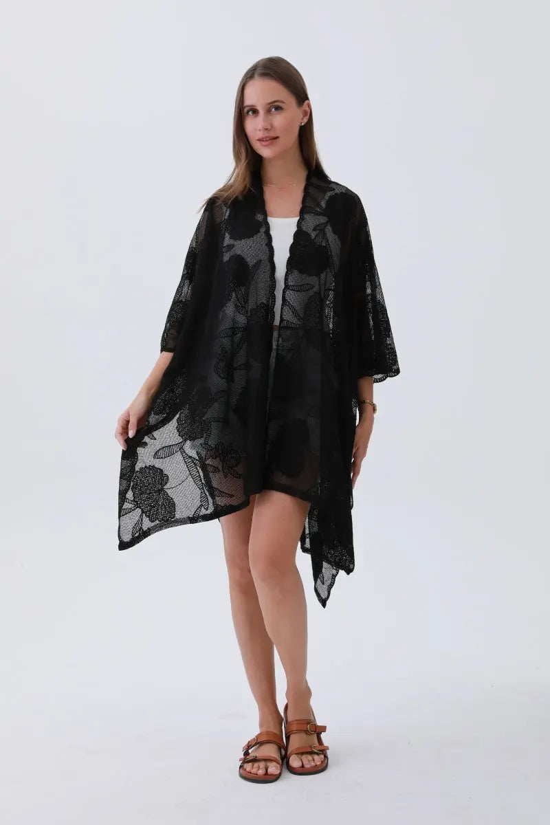 Embroidered Solid Kimono Cover-Up