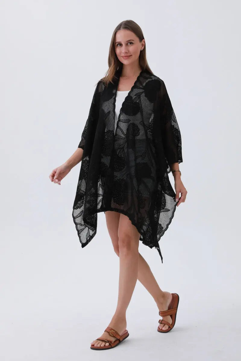 Embroidered Solid Kimono Cover-Up