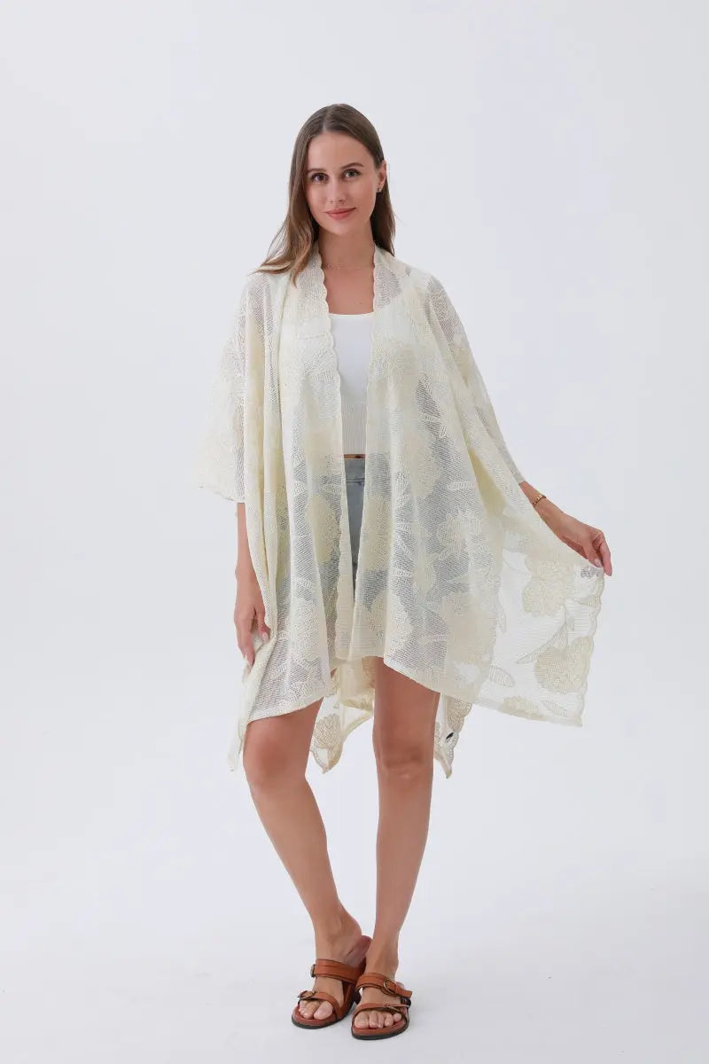 Embroidered Solid Kimono Cover-Up