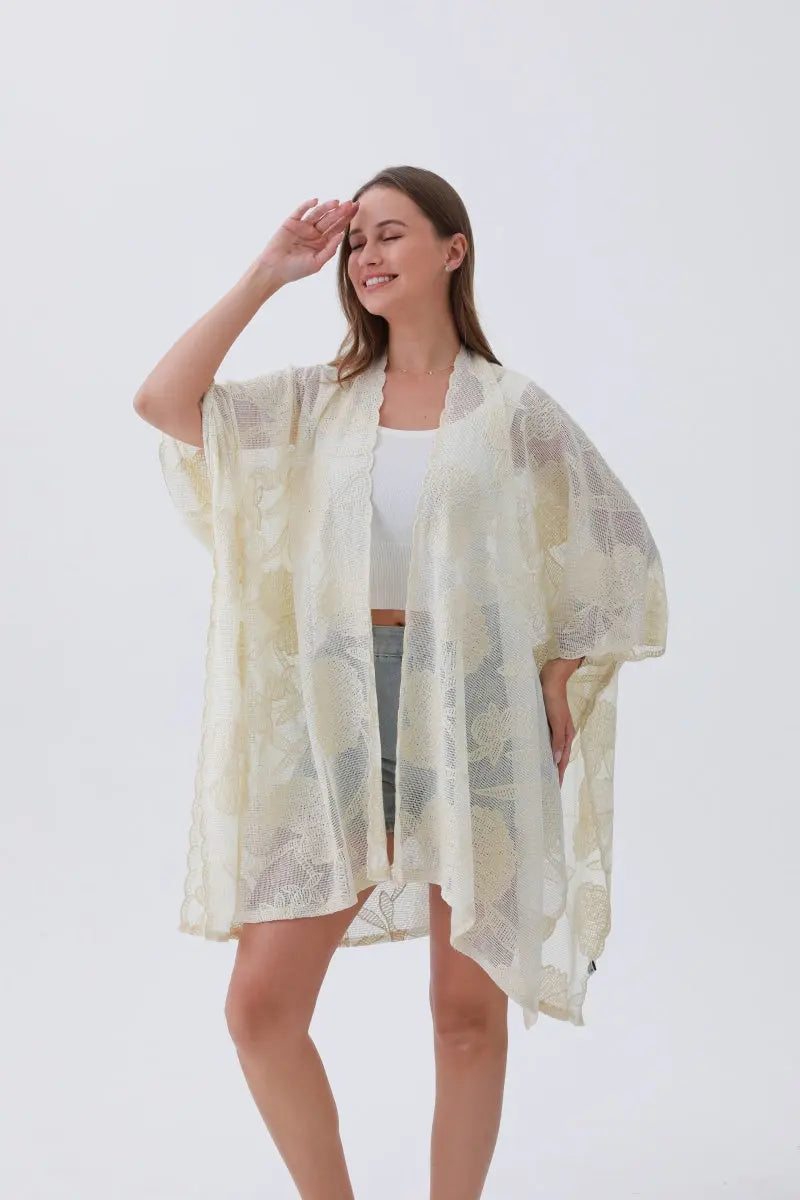 Embroidered Solid Kimono Cover-Up