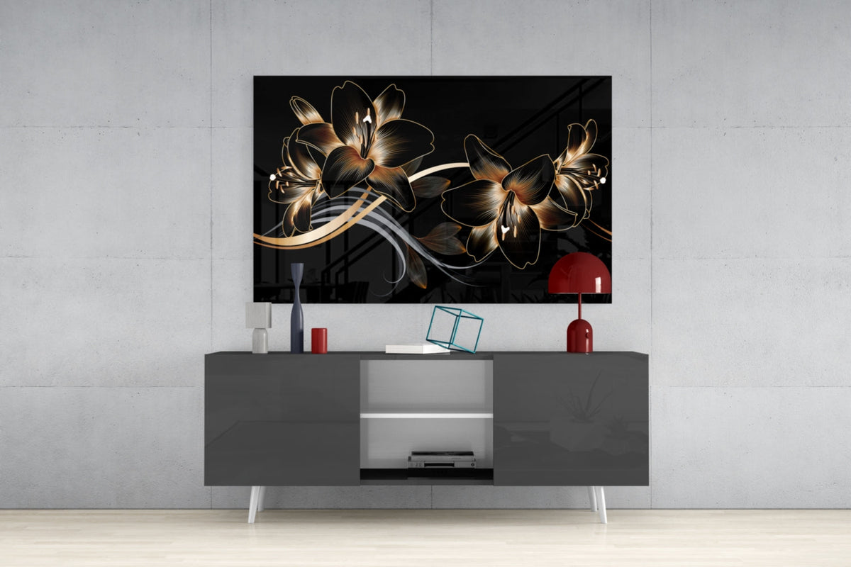 Art mural en verre Élégance Lys noir doré