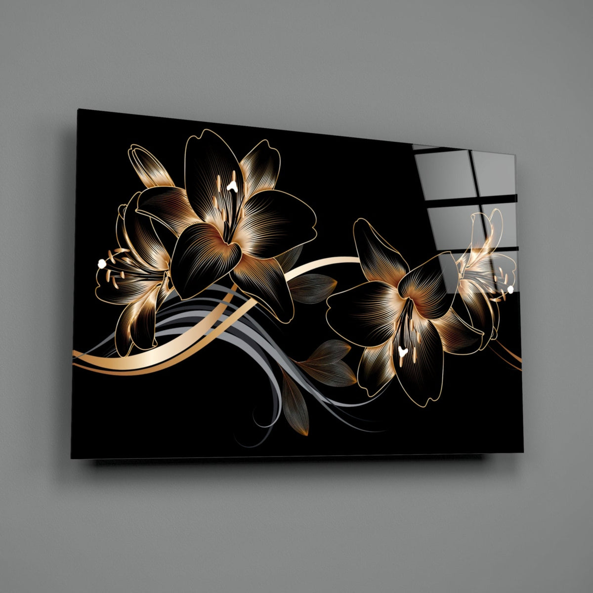 Art mural en verre Élégance Lys noir doré