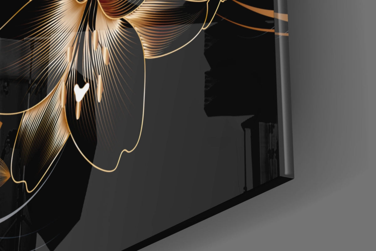 Art mural en verre Élégance Lys noir doré