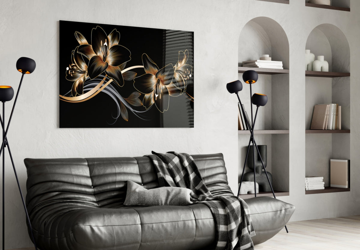 Art mural en verre Élégance Lys noir doré