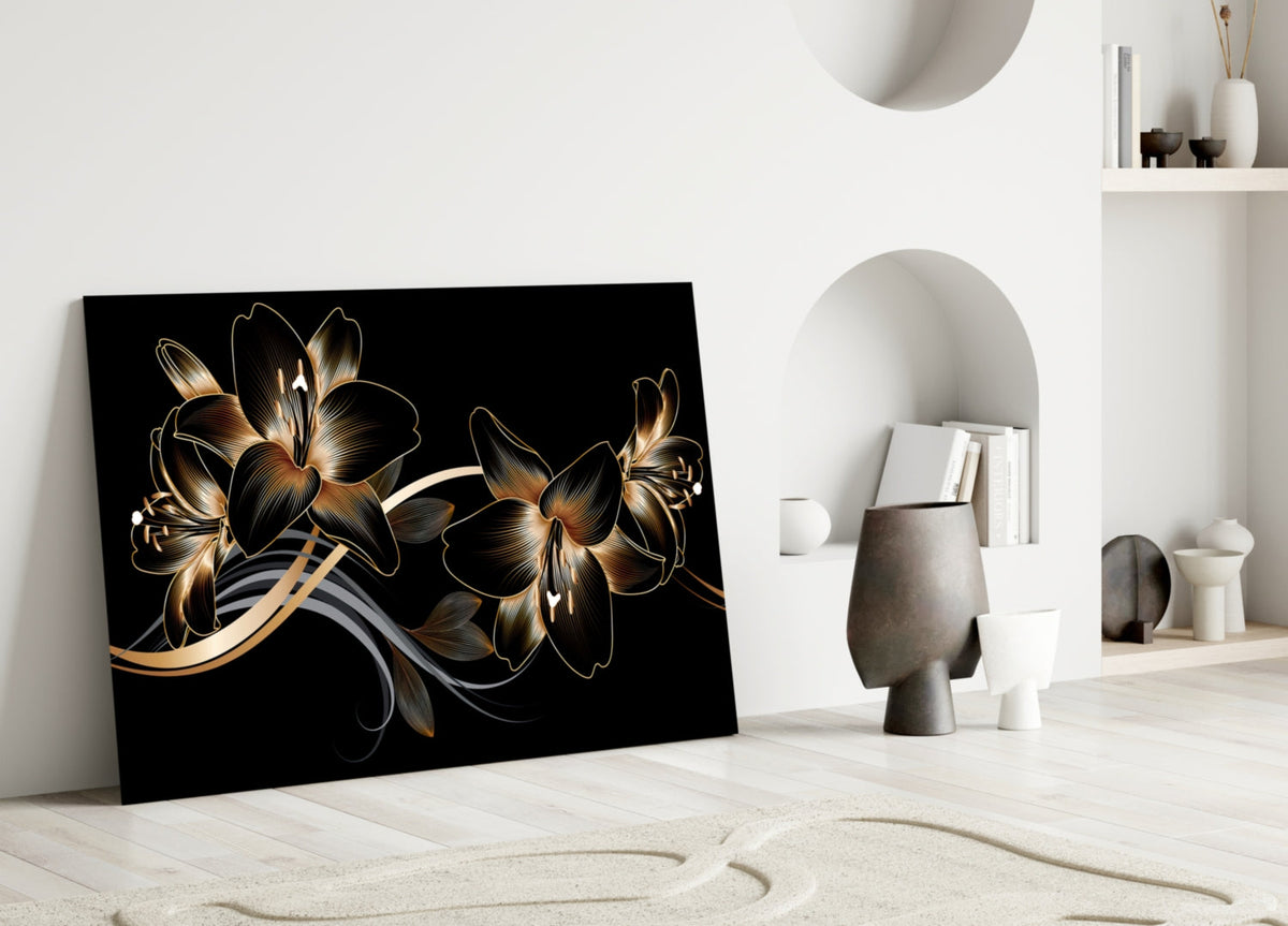 Art mural en verre Élégance Lys noir doré