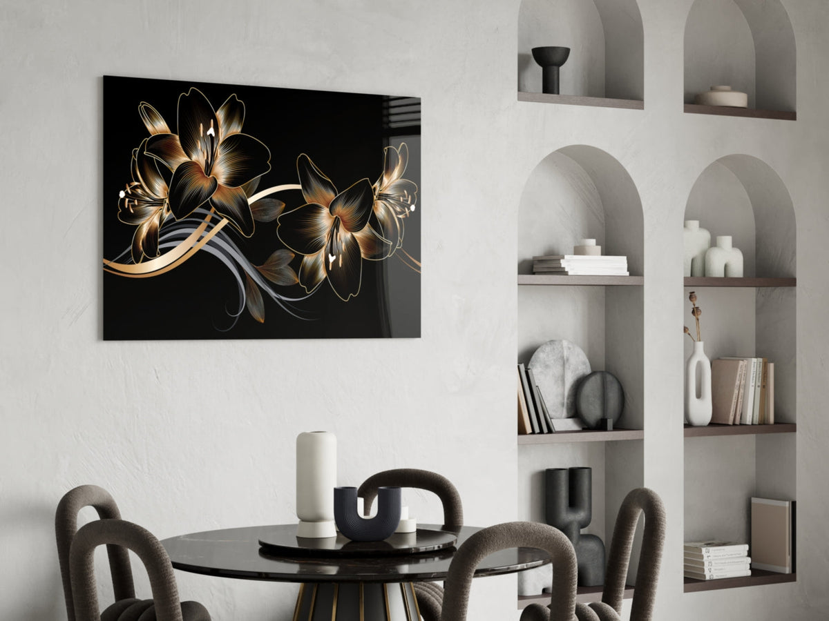 Art mural en verre Élégance Lys noir doré