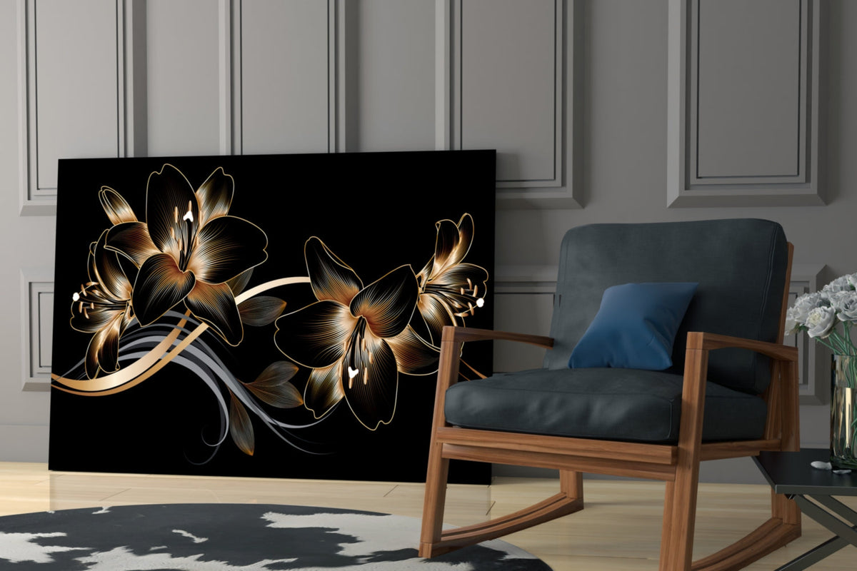 Art mural en verre Élégance Lys noir doré