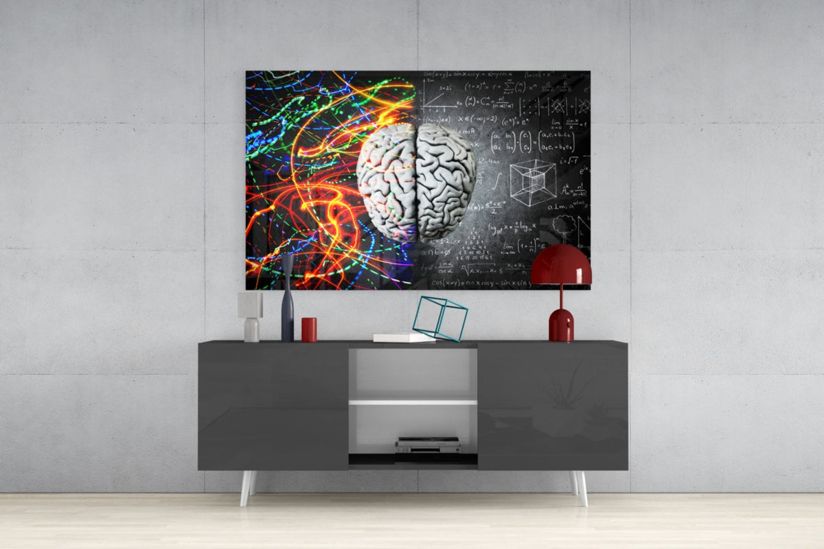 Art mural en verre Brain avec traînées de couleur et formule à la craie