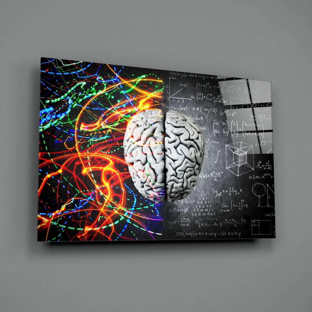 Art mural en verre Brain avec traînées de couleur et formule à la craie