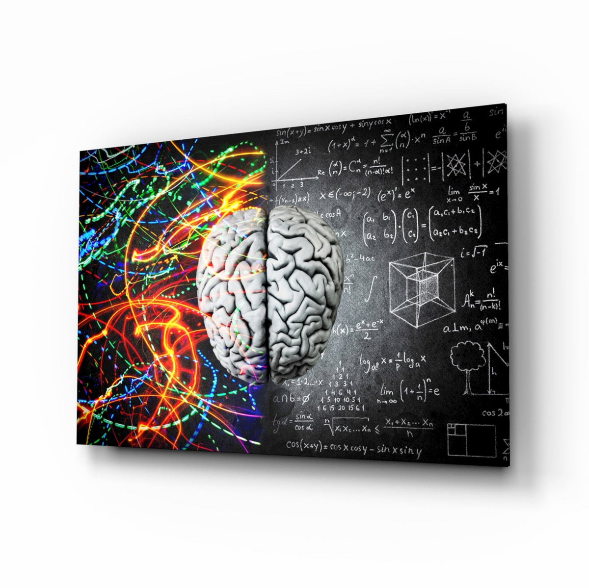 Art mural en verre Brain avec traînées de couleur et formule à la craie