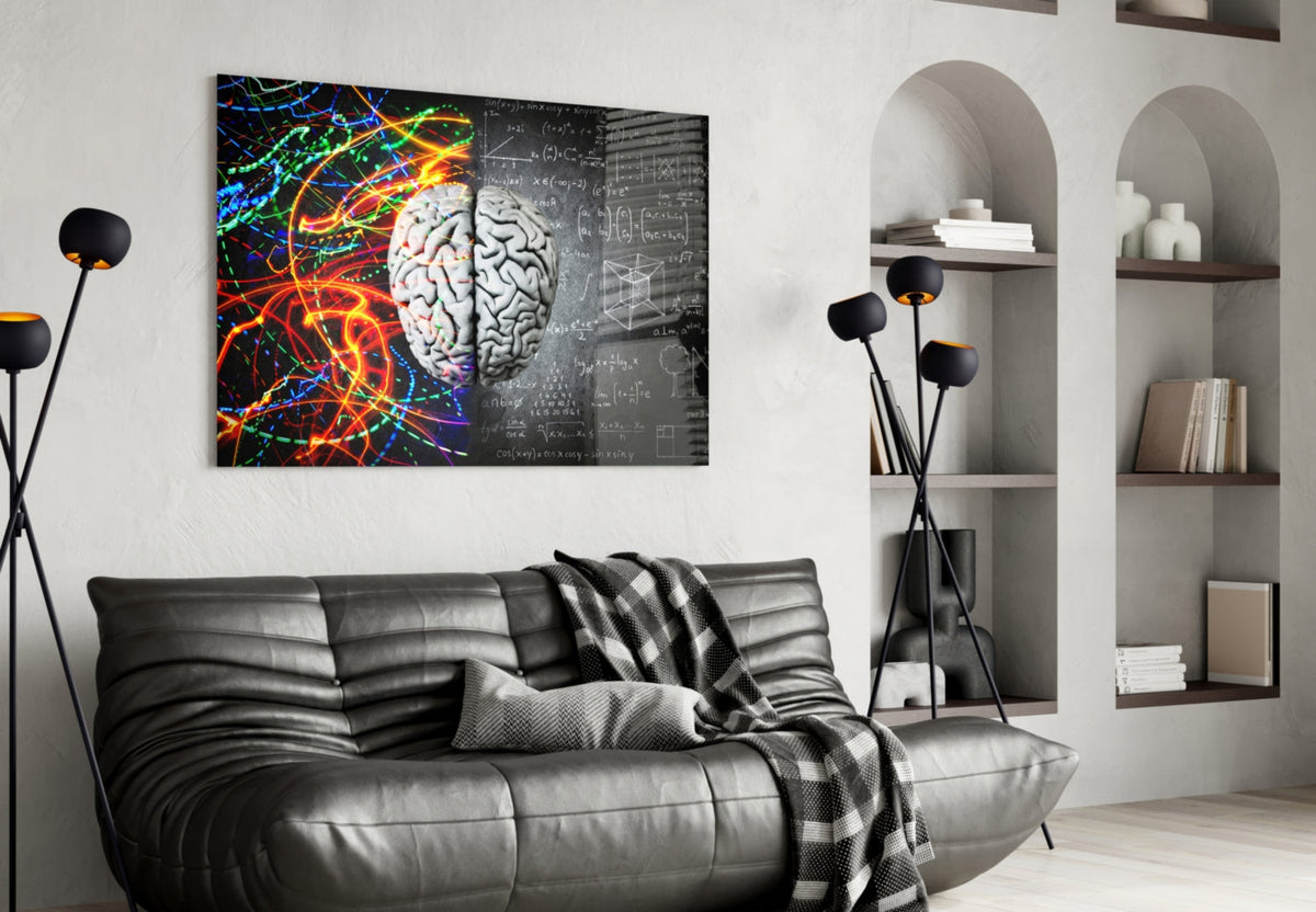 Art mural en verre Brain avec traînées de couleur et formule à la craie