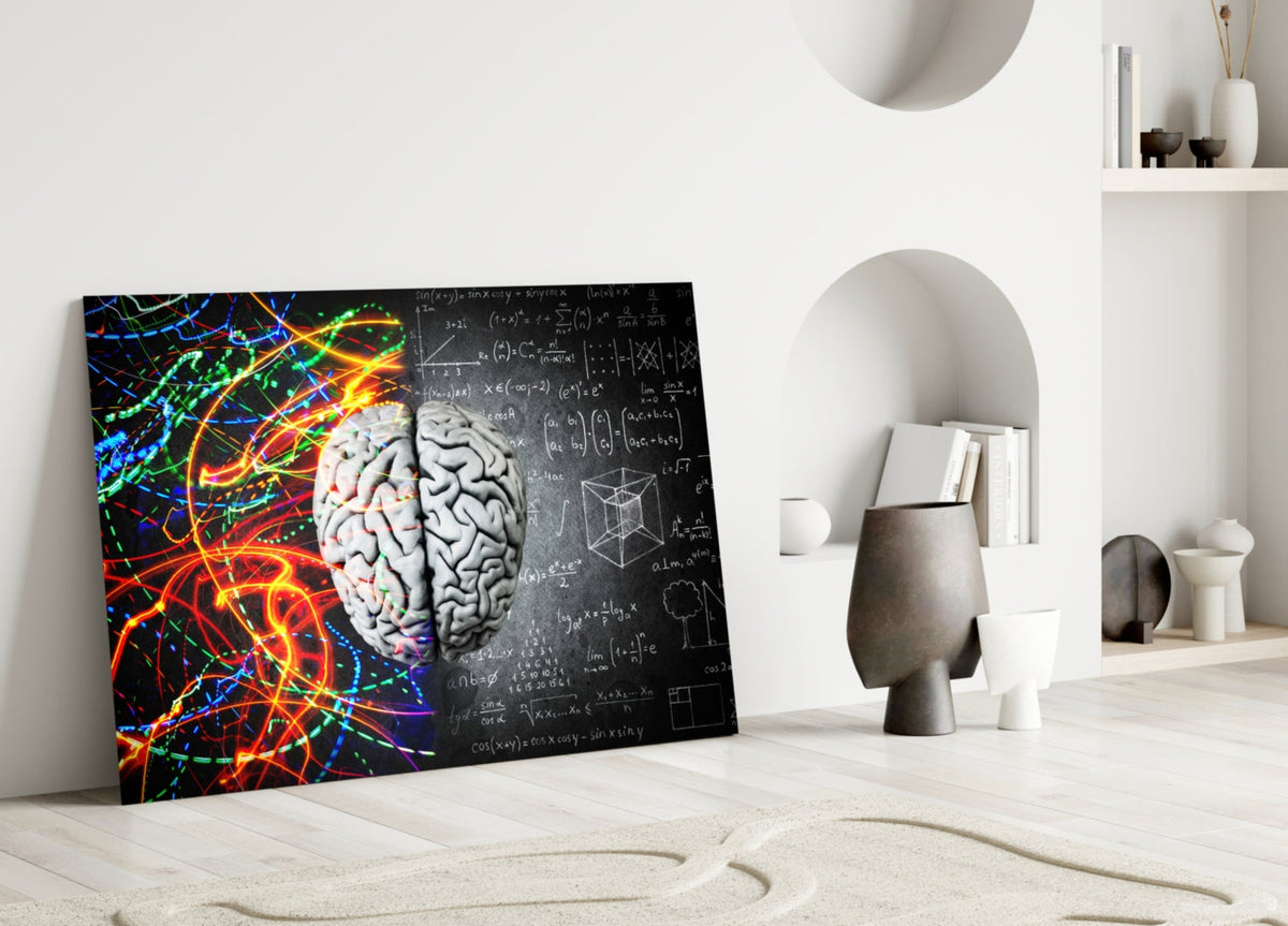 Art mural en verre Brain avec traînées de couleur et formule à la craie
