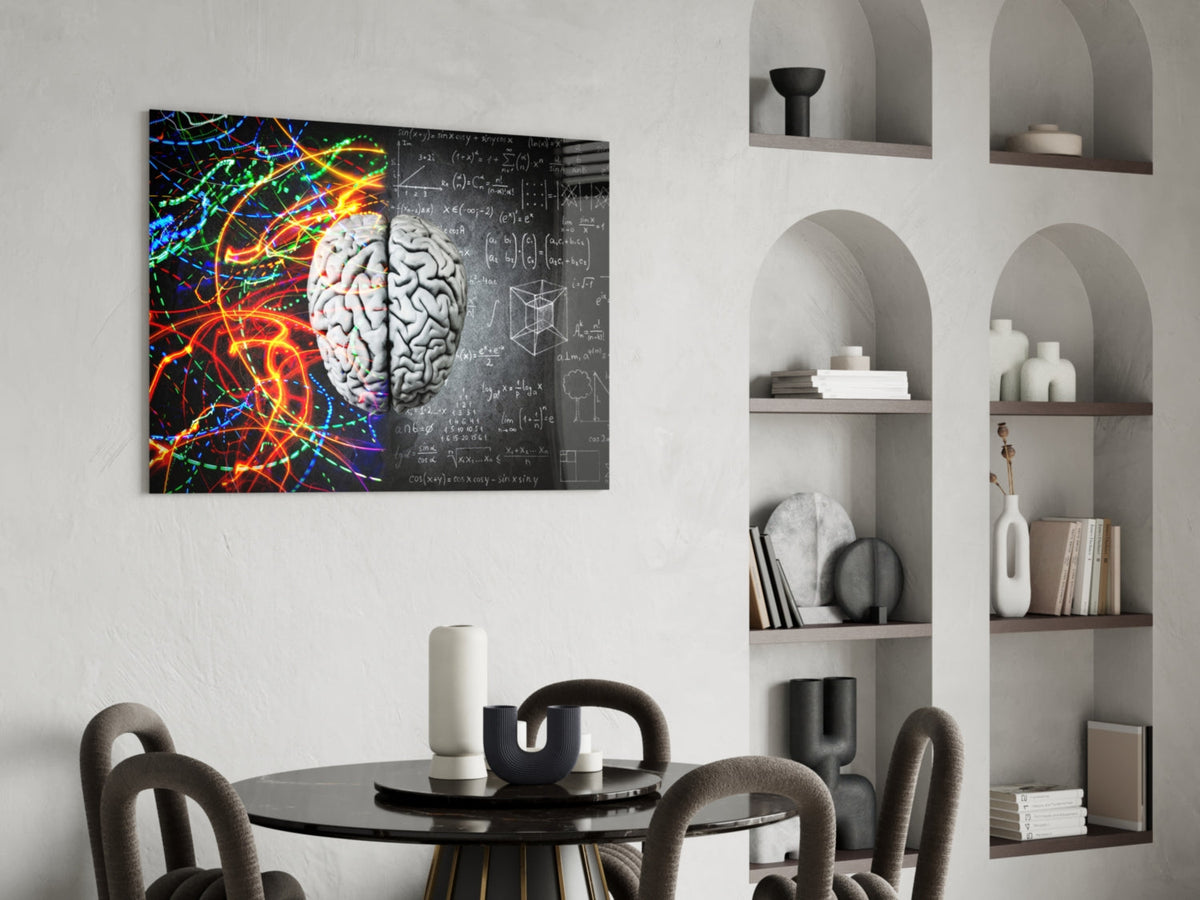 Art mural en verre Brain avec traînées de couleur et formule à la craie