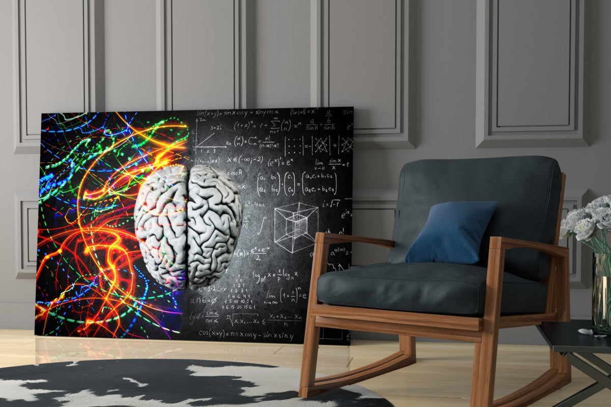 Art mural en verre Brain avec traînées de couleur et formule à la craie