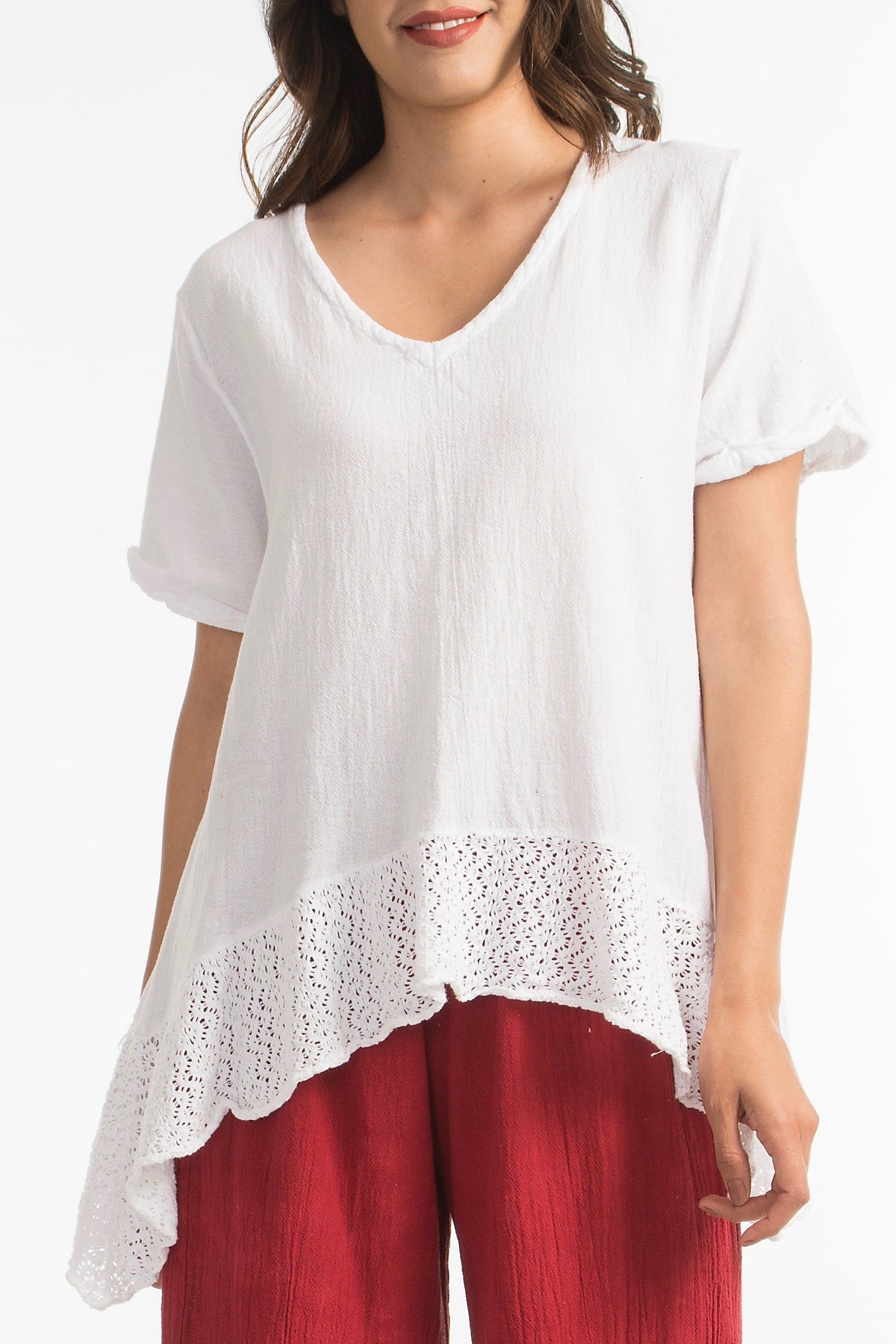 Sandra Cotton Gauze Lace-Hem V-Neck Blouse