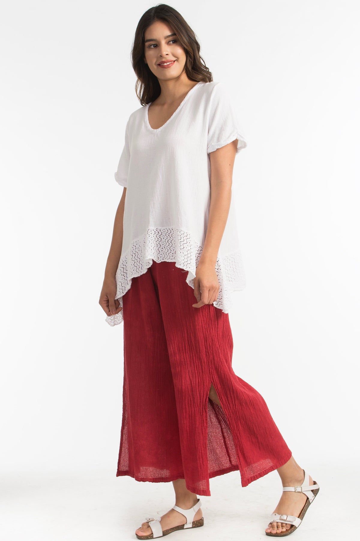 Sandra Cotton Gauze Lace-Hem V-Neck Blouse