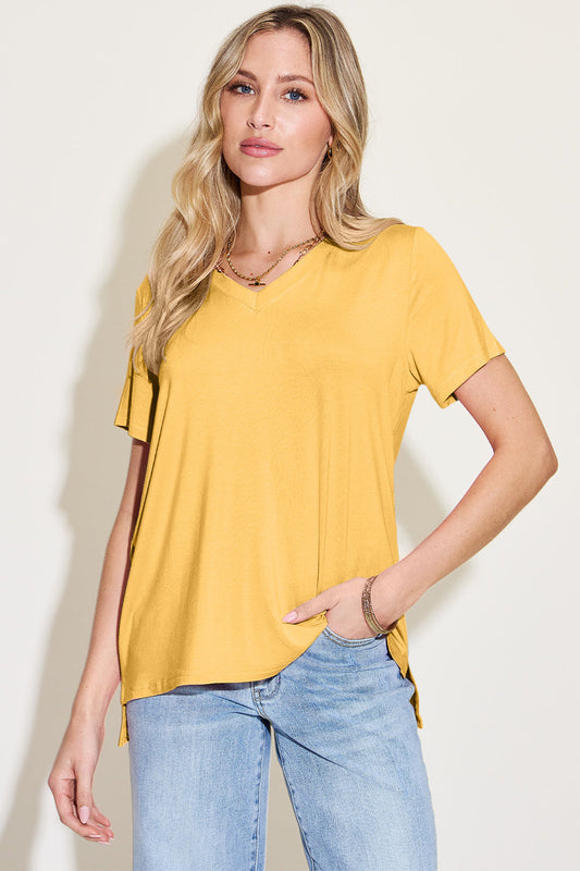 T-shirt asymétrique à col en V en bambou Basic Bae, taille standard