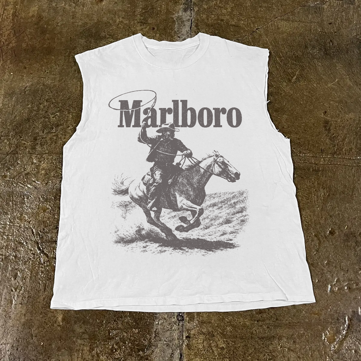 T-shirt vintage blanc « Rugged » à manches coupées