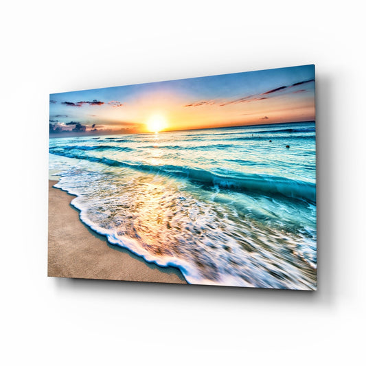 Art mural en verre coucher de soleil vagues turquoise