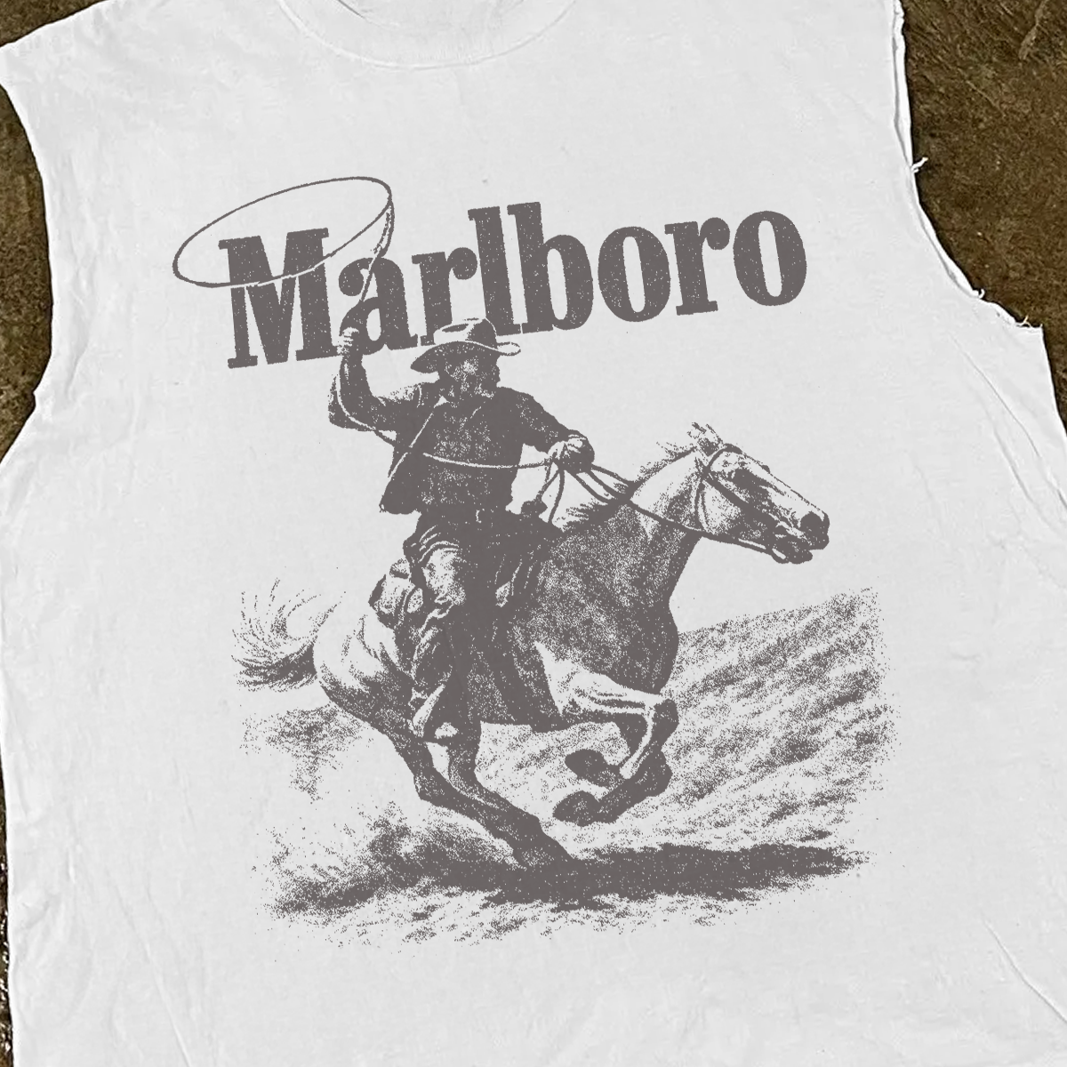 T-shirt vintage blanc « Rugged » à manches coupées