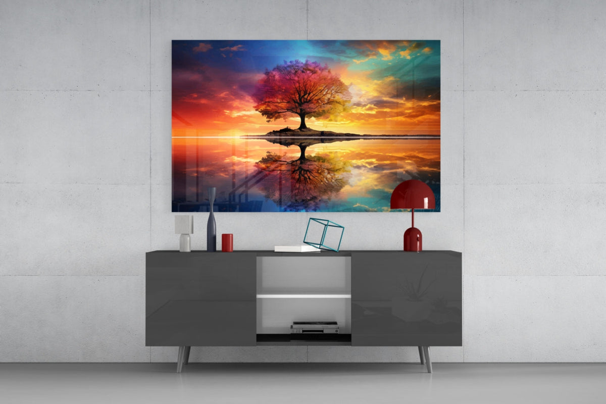 Art mural en verre Arbre de vie lac miroir ciel arc-en-ciel