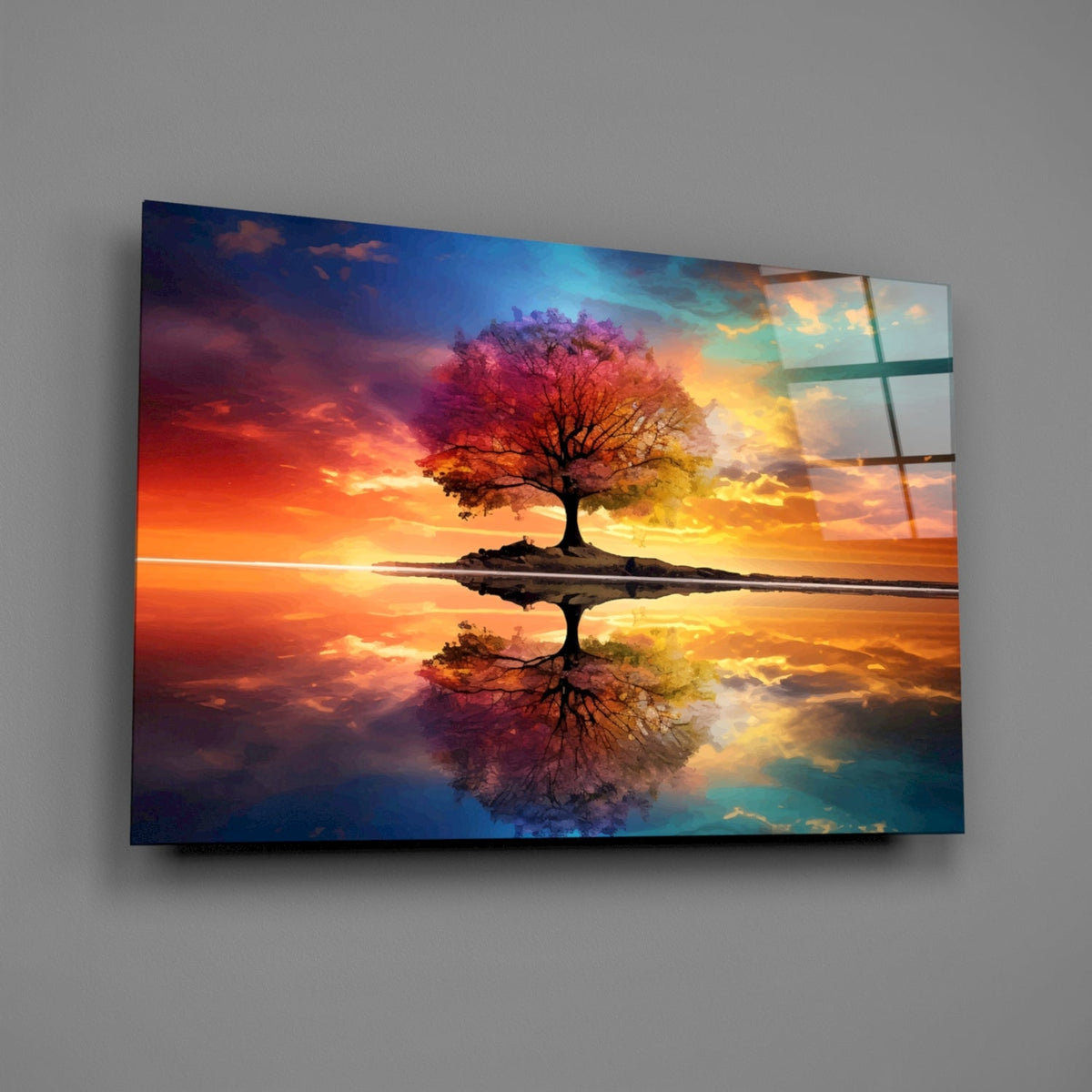 Art mural en verre Arbre de vie lac miroir ciel arc-en-ciel