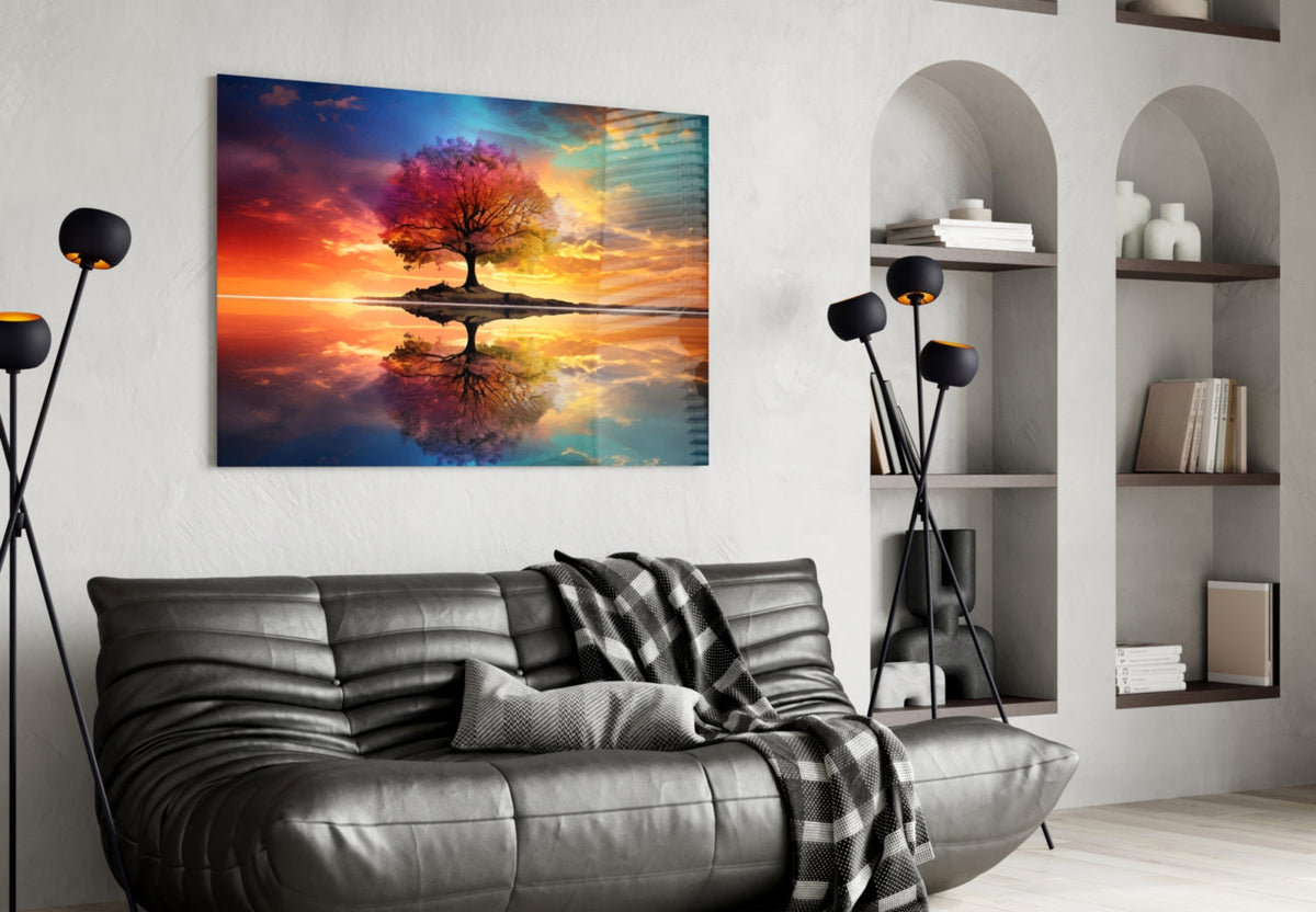 Art mural en verre Arbre de vie lac miroir ciel arc-en-ciel