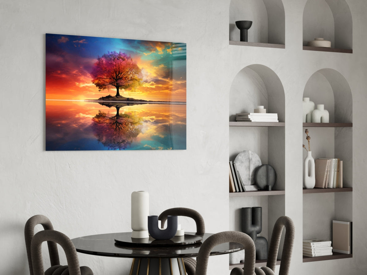 Art mural en verre Arbre de vie lac miroir ciel arc-en-ciel