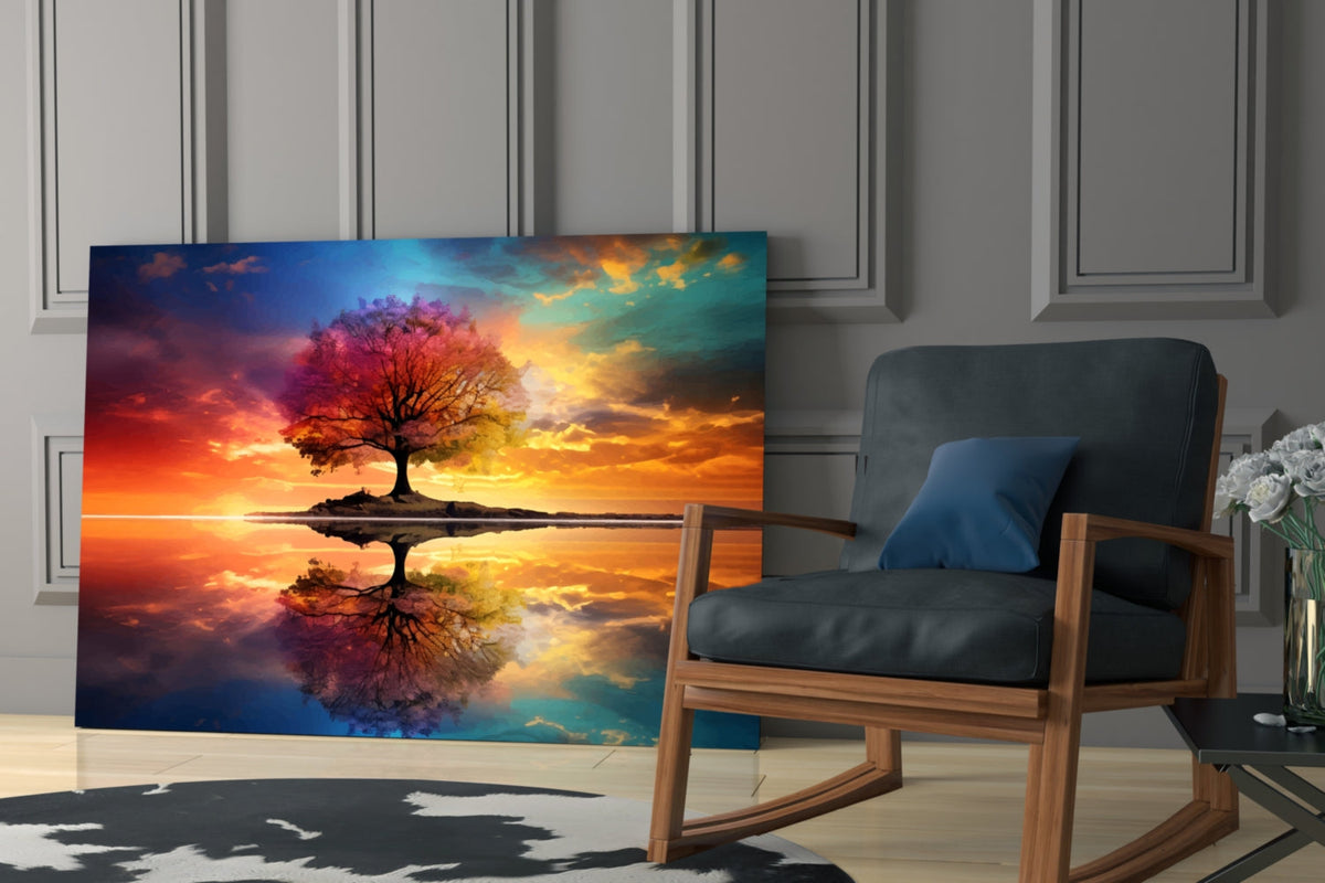 Art mural en verre Arbre de vie lac miroir ciel arc-en-ciel