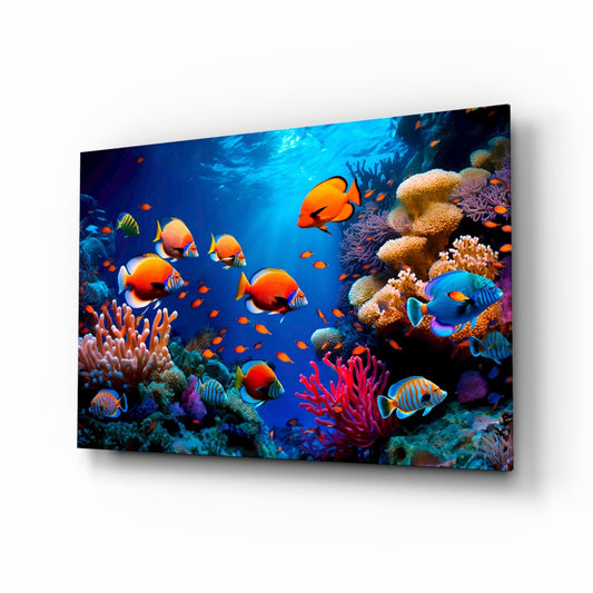 Décoration murale en verre : poisson tropical orange et récif corallien